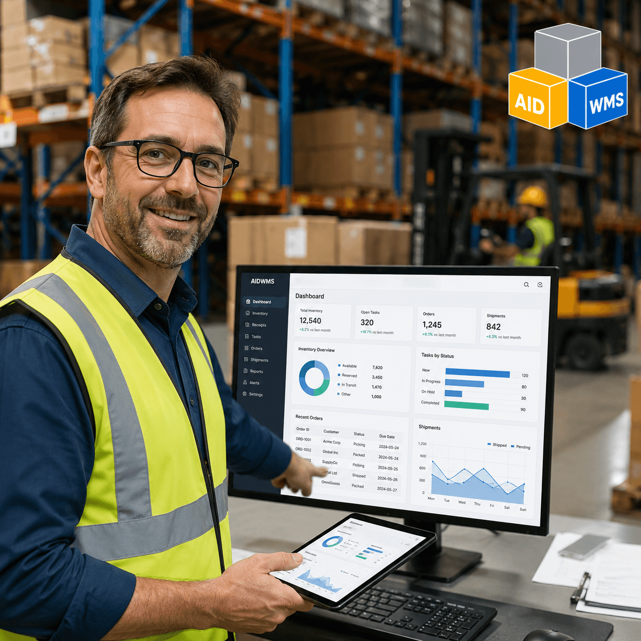 Warehouse worker using the AIDWMS intelligent warehouse management system