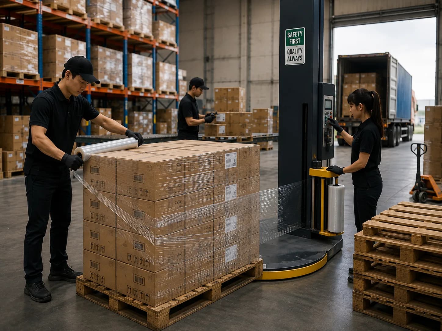 Stretch-wrapping a banded pallet of cartons next to a pallet wrapper, with a trailer loading at the dock behind