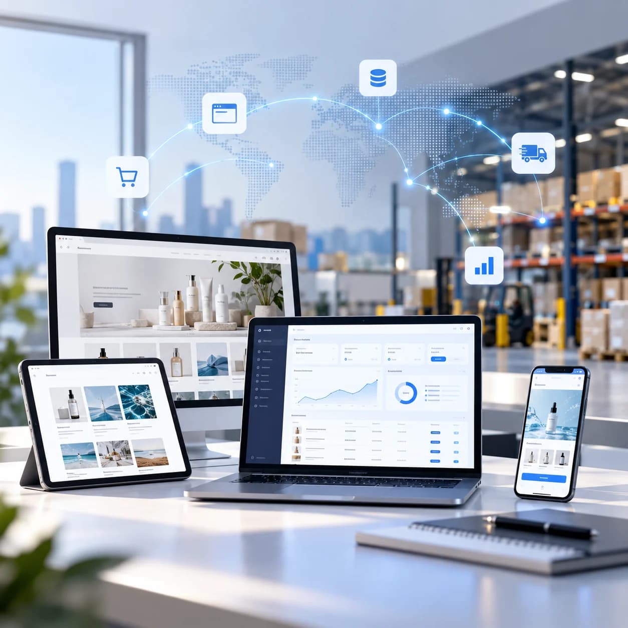 A storefront, a catalog, an order dashboard and a mobile store of the kind we build, shown across a monitor, tablet, laptop and phone, with a warehouse behind them