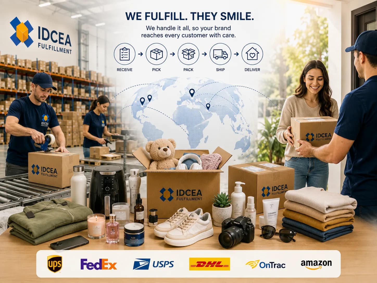 Direct-to-consumer fulfillment — branded parcels packed at the warehouse, consumer products staged for shipping, and a customer receiving a delivery at the door