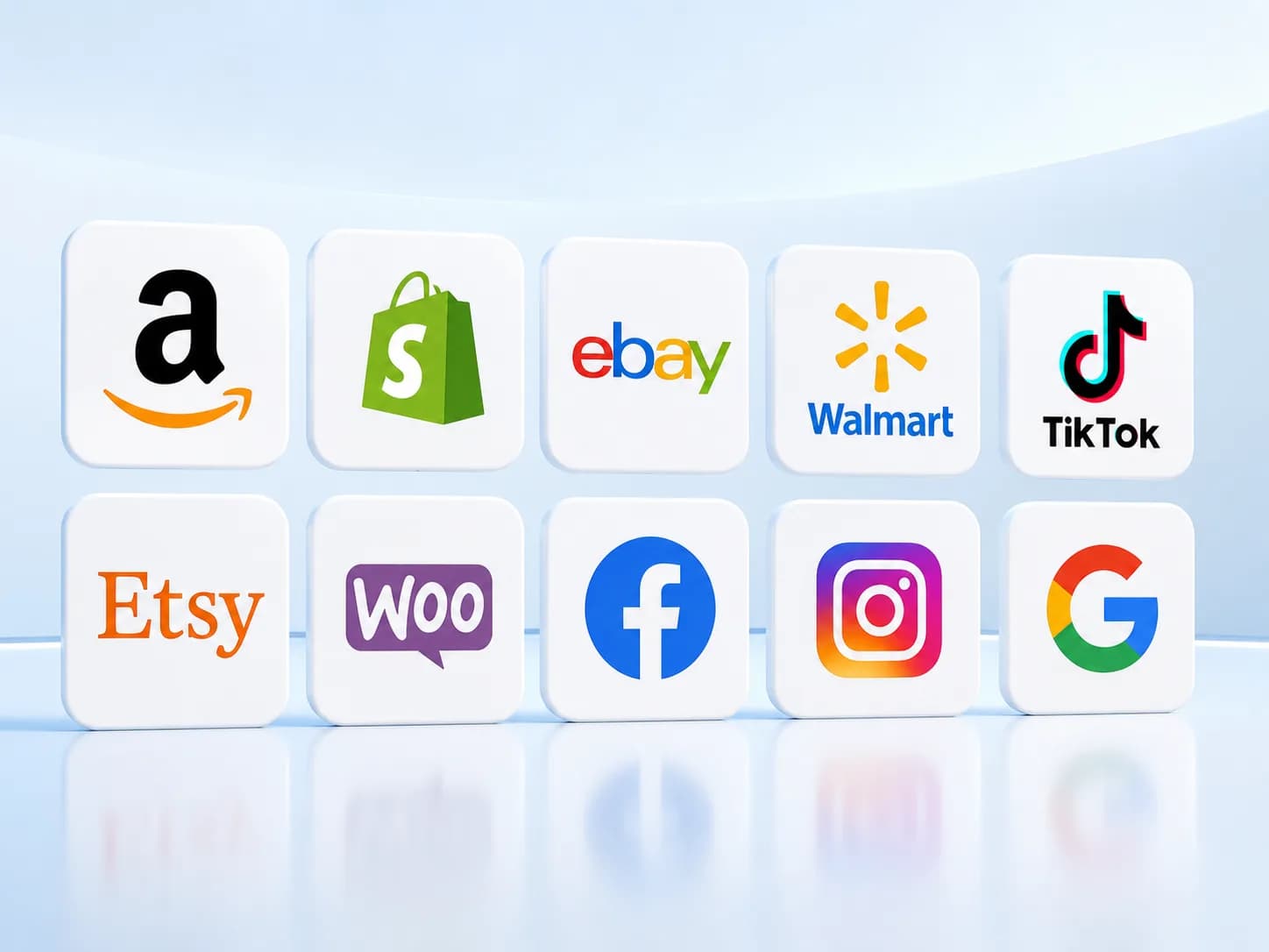 Multi-channel ecommerce fulfillment — sales channel logos for Amazon, Shopify, eBay, Walmart, TikTok, Etsy, WooCommerce, Facebook, Instagram and Google