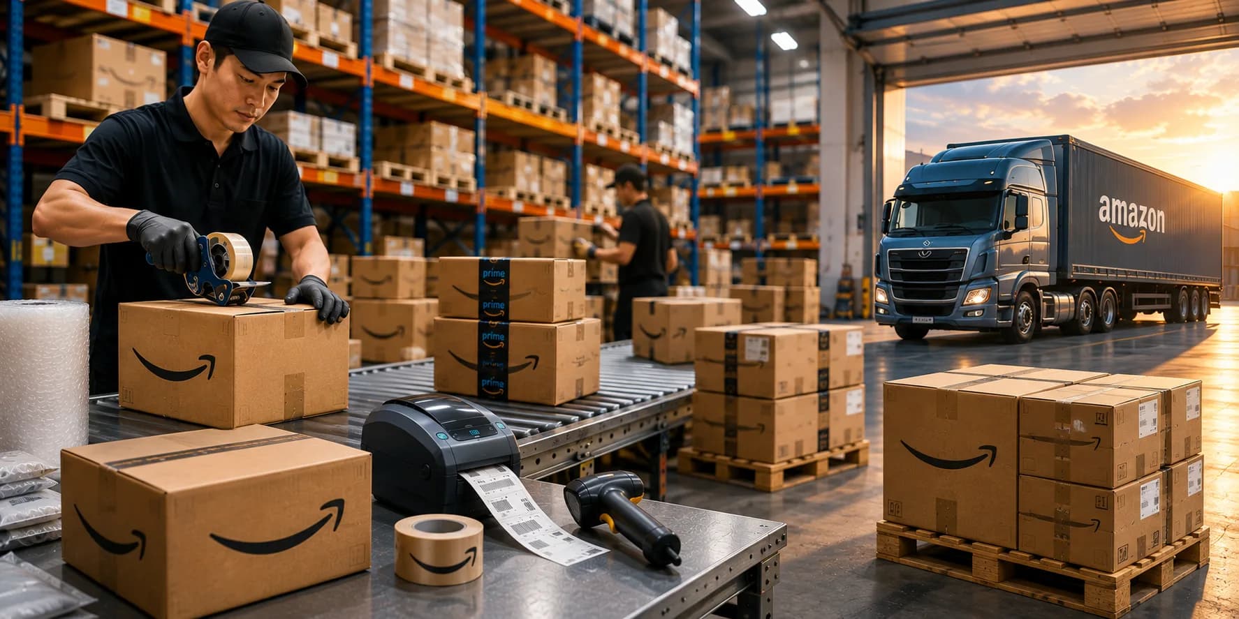 FBA prep in progress — taping and labeling Amazon-bound cartons, with a loaded Amazon trailer at the dock