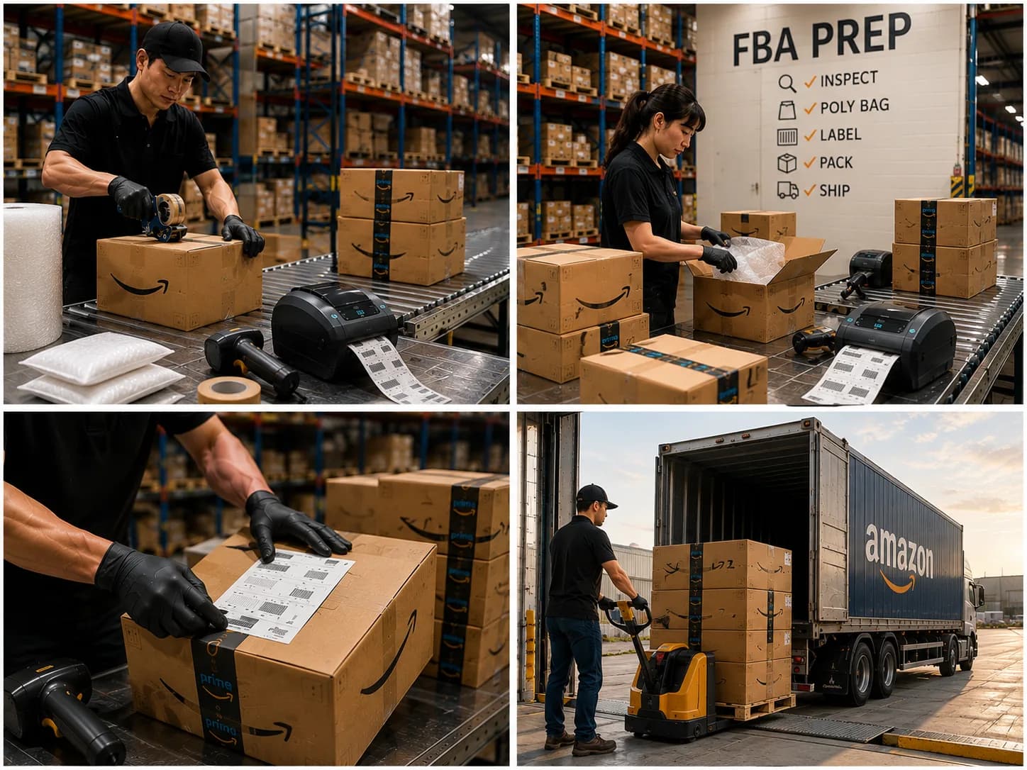 Four stages of Amazon FBA prep at IDCEA — taping and labeling cartons, bubble wrapping and poly bagging, applying FNSKU labels, and loading prepped pallets into an Amazon trailer