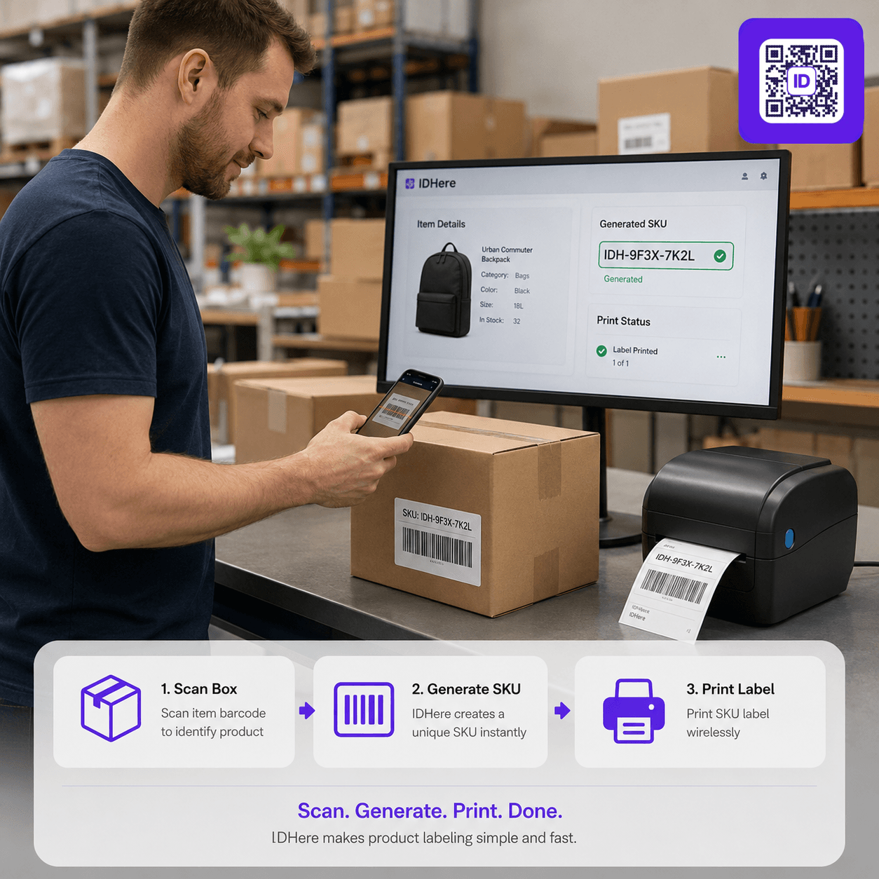 Warehouse worker using the IDHere label-printing terminal