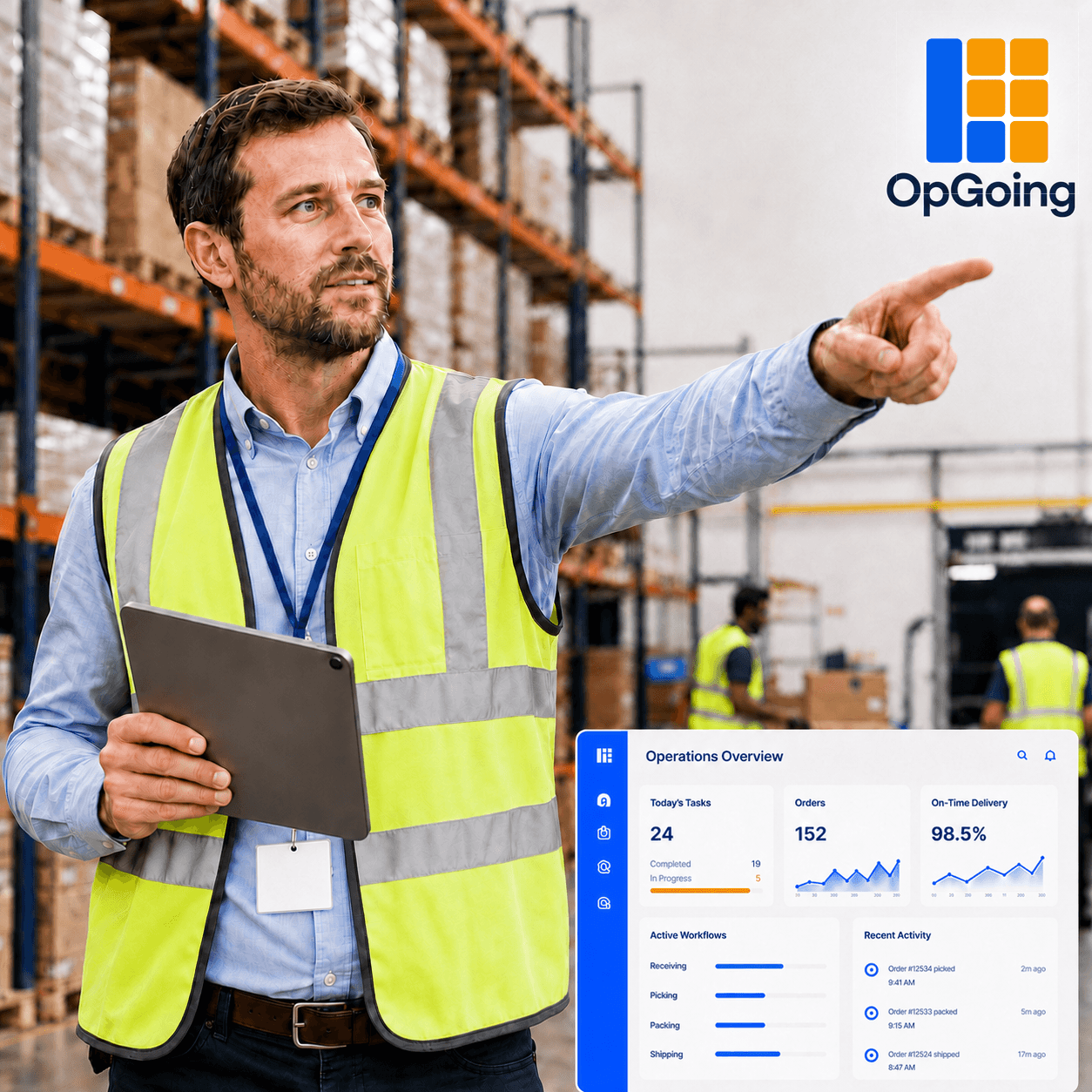 Warehouse worker using the OpGoing order operations platform