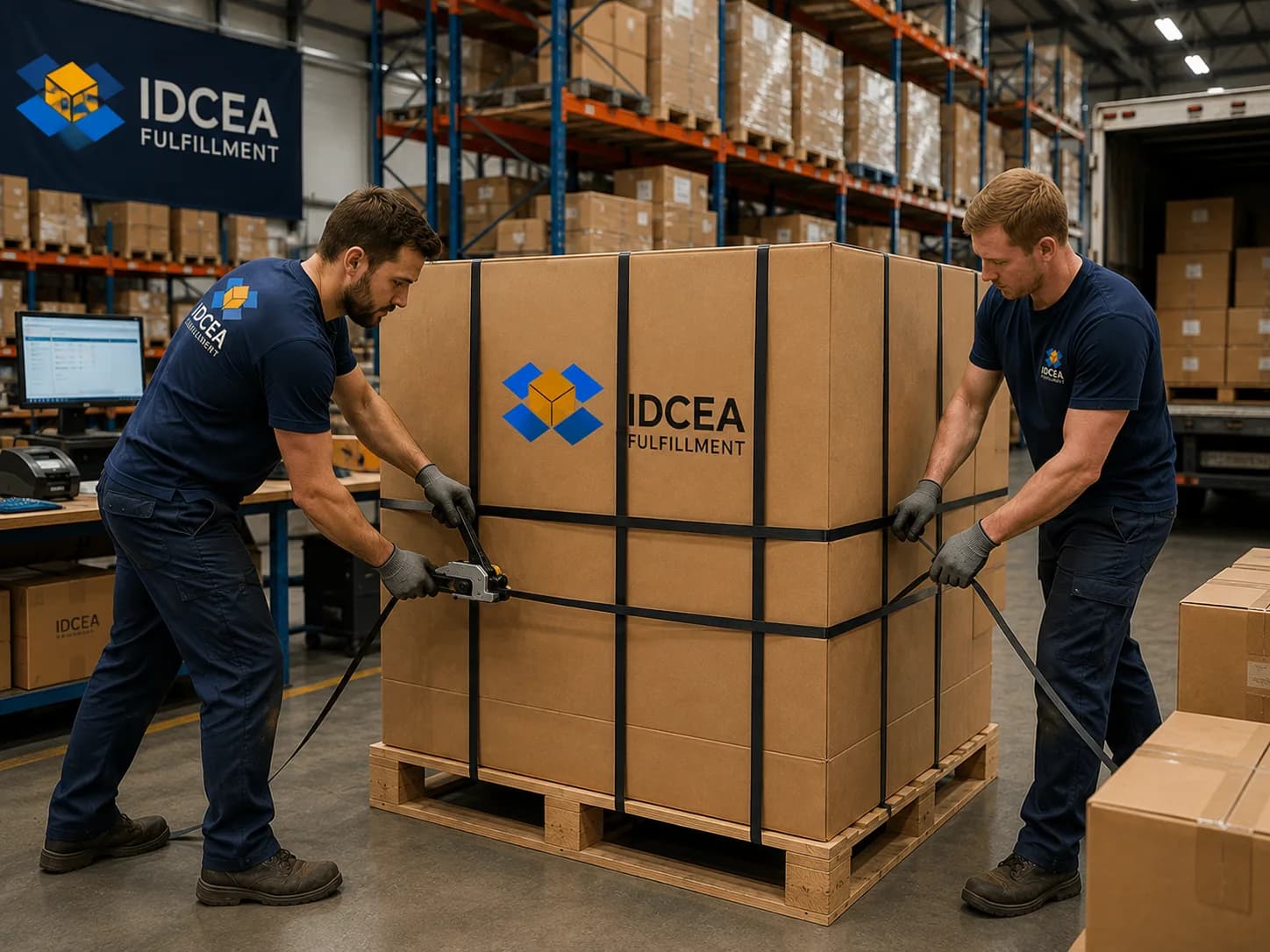 Heavy-duty packaging for oversized item fulfillment — two warehouse workers tensioning strapping around a large boxed load on a wooden pallet