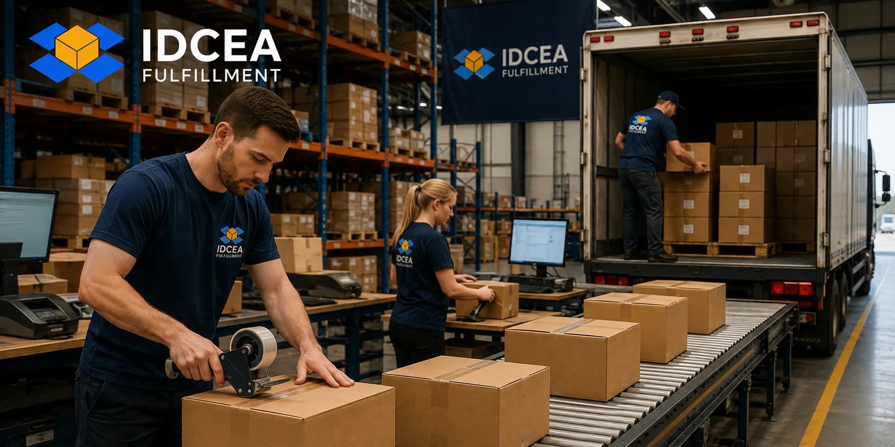 Retail fulfillment on the warehouse floor — cartons taped and scanned at pack stations, boxes moving down a conveyor, and cases loaded into a trailer at the dock