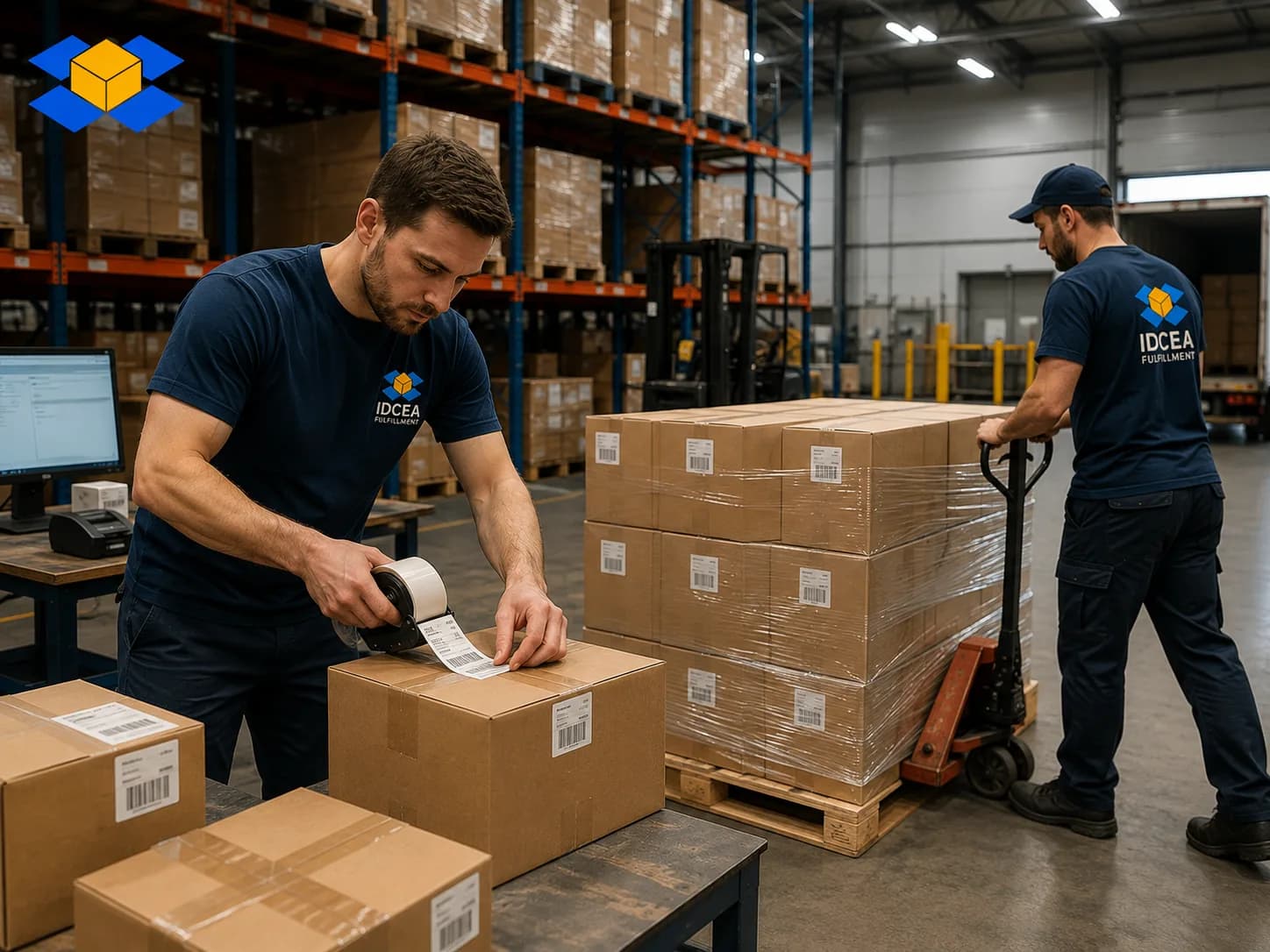 Retail-ready order preparation — applying a carton label at a pack station, with a wrapped and labeled pallet moved by pallet jack behind