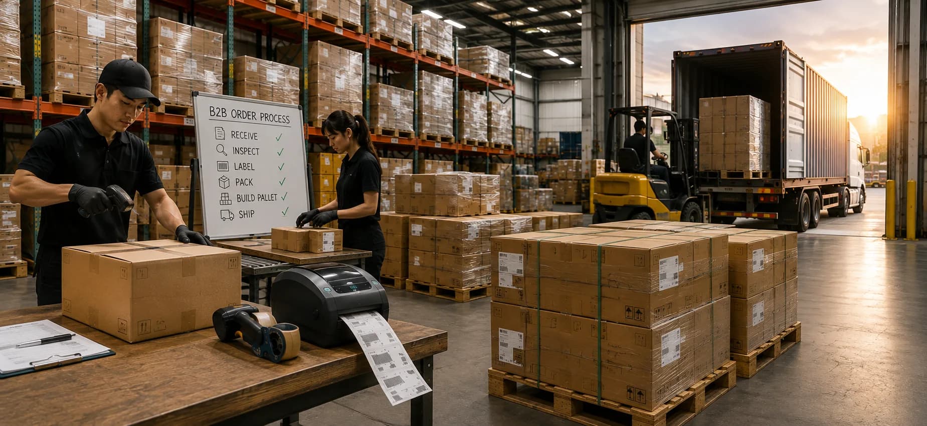 B2B order fulfillment on the warehouse floor — scanning and labeling cases, a board listing the receive, inspect, label, pack, build pallet and ship steps, and a forklift loading banded pallets into a trailer