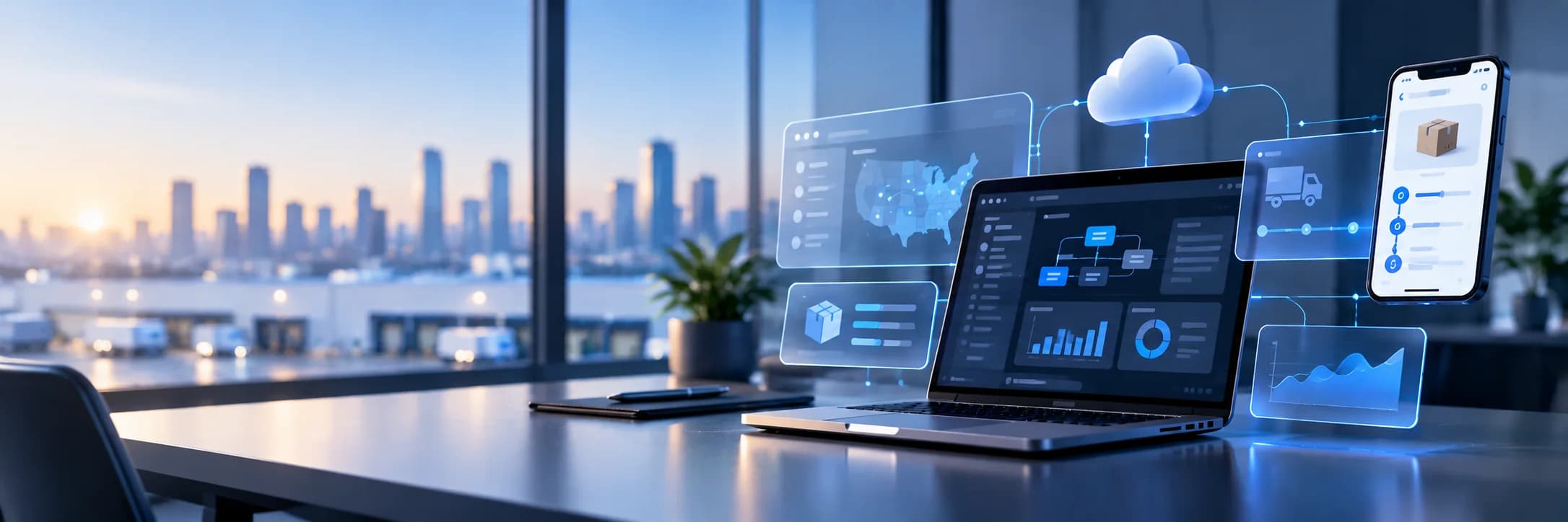 A laptop on a desk by a window at dusk, with a cloud, a shipment map, a package record, a delivery vehicle and analytics panels floating around it