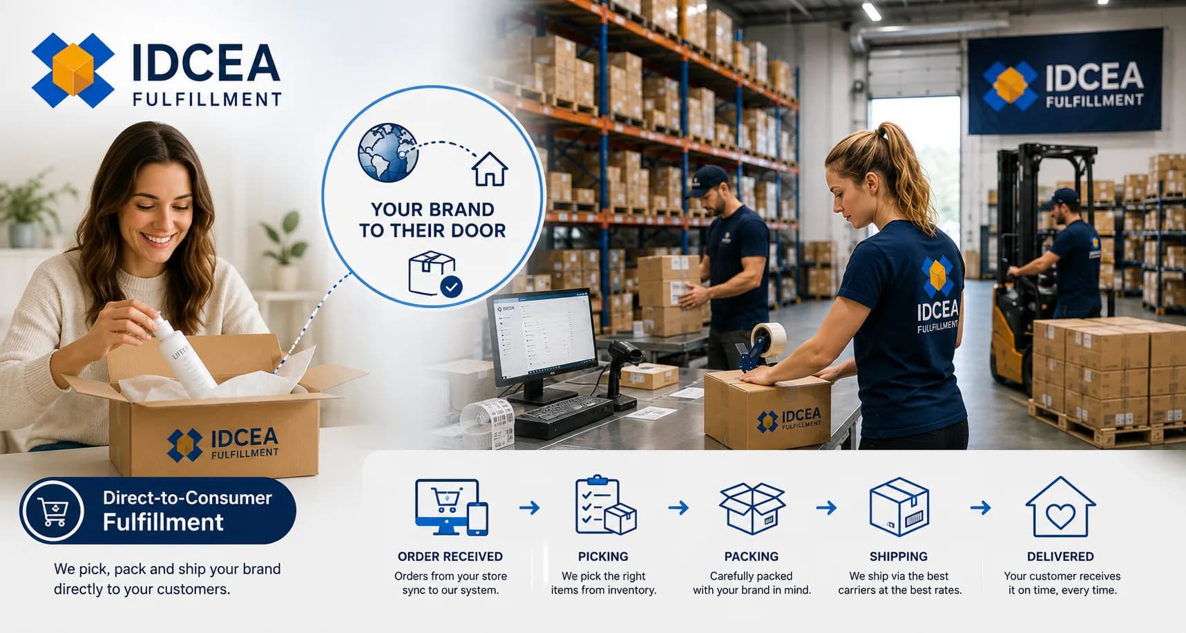 DTC fulfillment — a customer unboxing a branded parcel at home, alongside the pack station and racking it shipped from