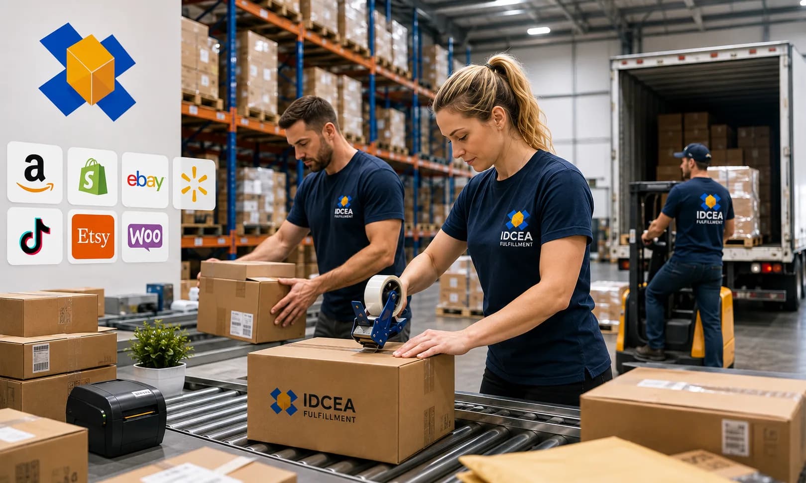 Ecommerce fulfillment — packing and taping marketplace orders at a conveyor, with a wall of sales-channel logos alongside and a trailer loading at the dock behind