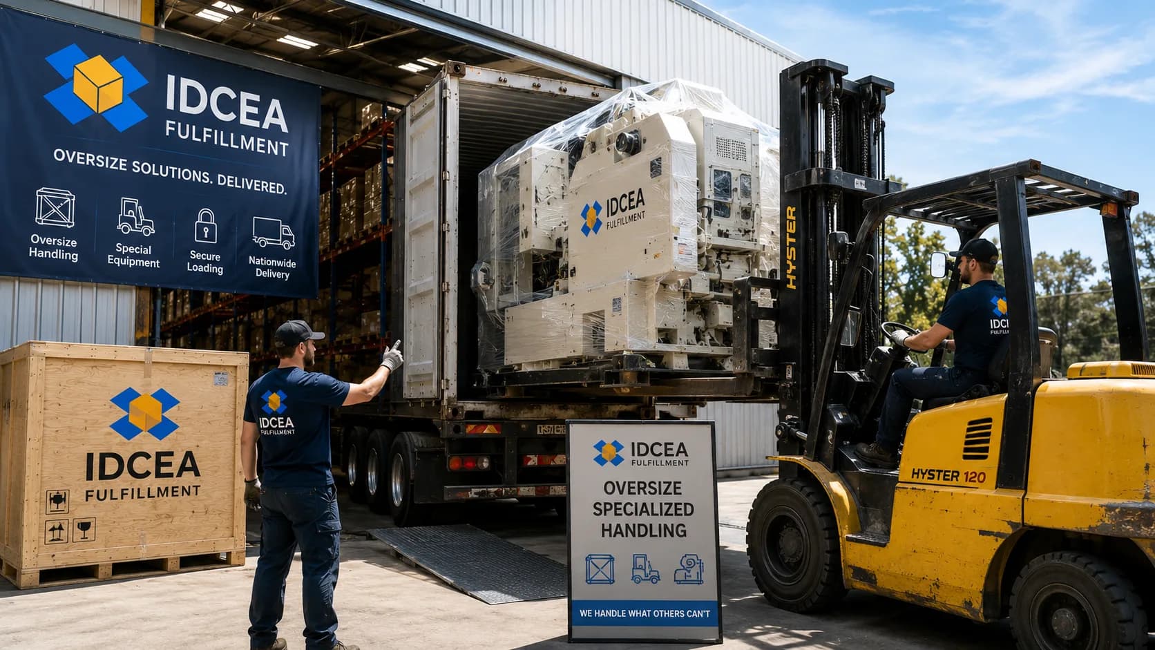 Oversized fulfillment — a forklift loading a shrink-wrapped machine into a trailer, with a crated shipment staged alongside